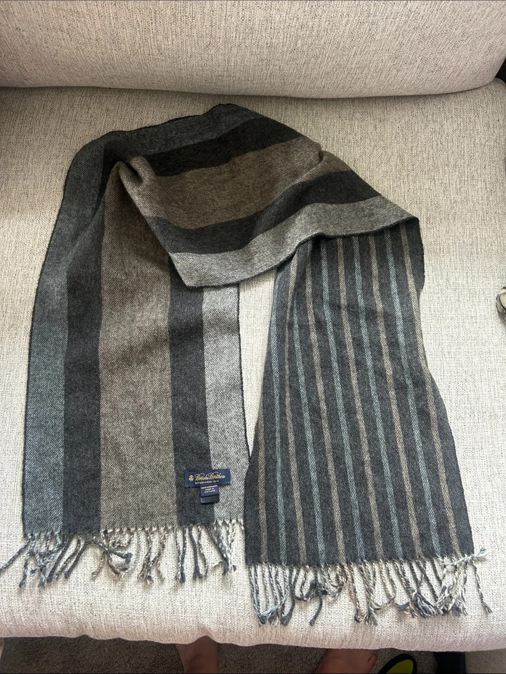 Brooks Brothers Cashmere Men's Striped Wool Scarf - Gray and Brown